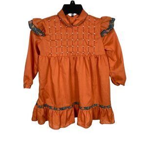 Vintage Polly Flinders Hand Smocked Dress Girls Size 6X Floral Accents Ruffles